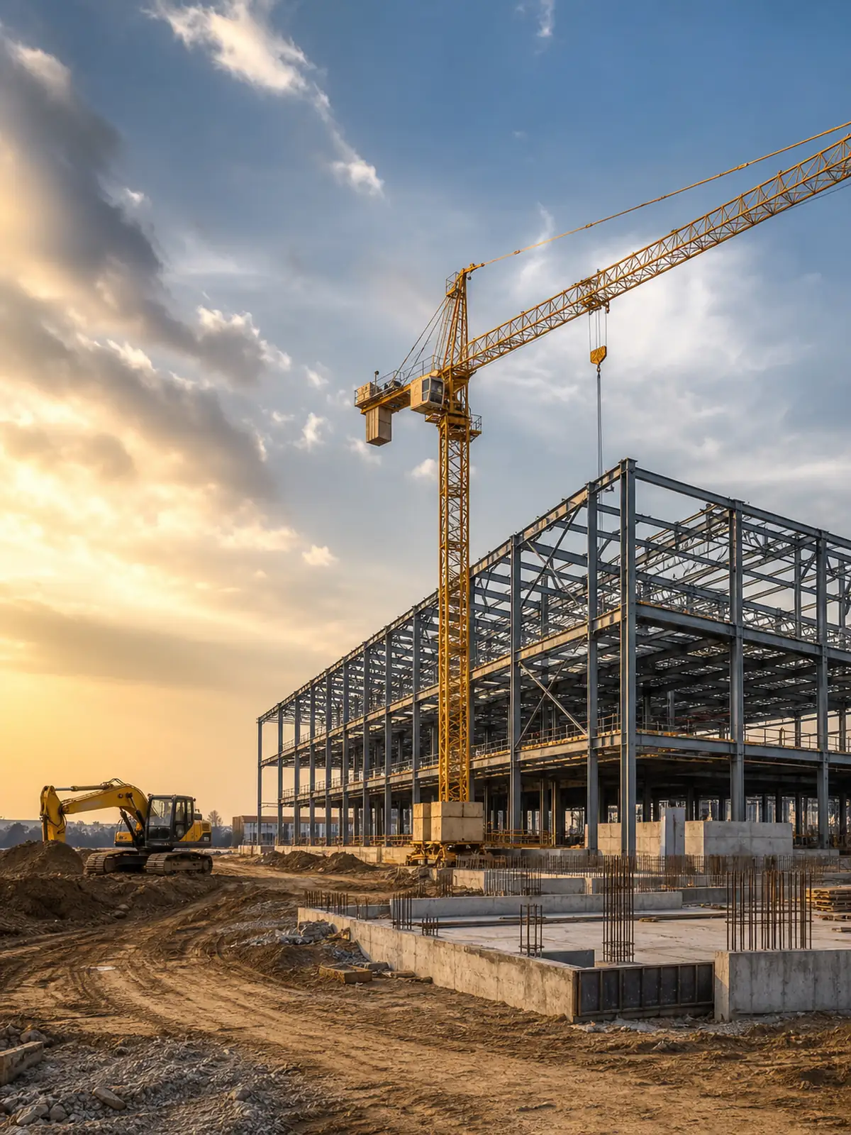 Industrial construction site with steel structure